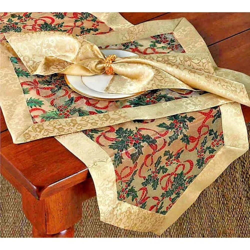 Saro Lifestyle Christmas Table Runner Gold Holly Leaf Semi Sheer Tassels 72x16